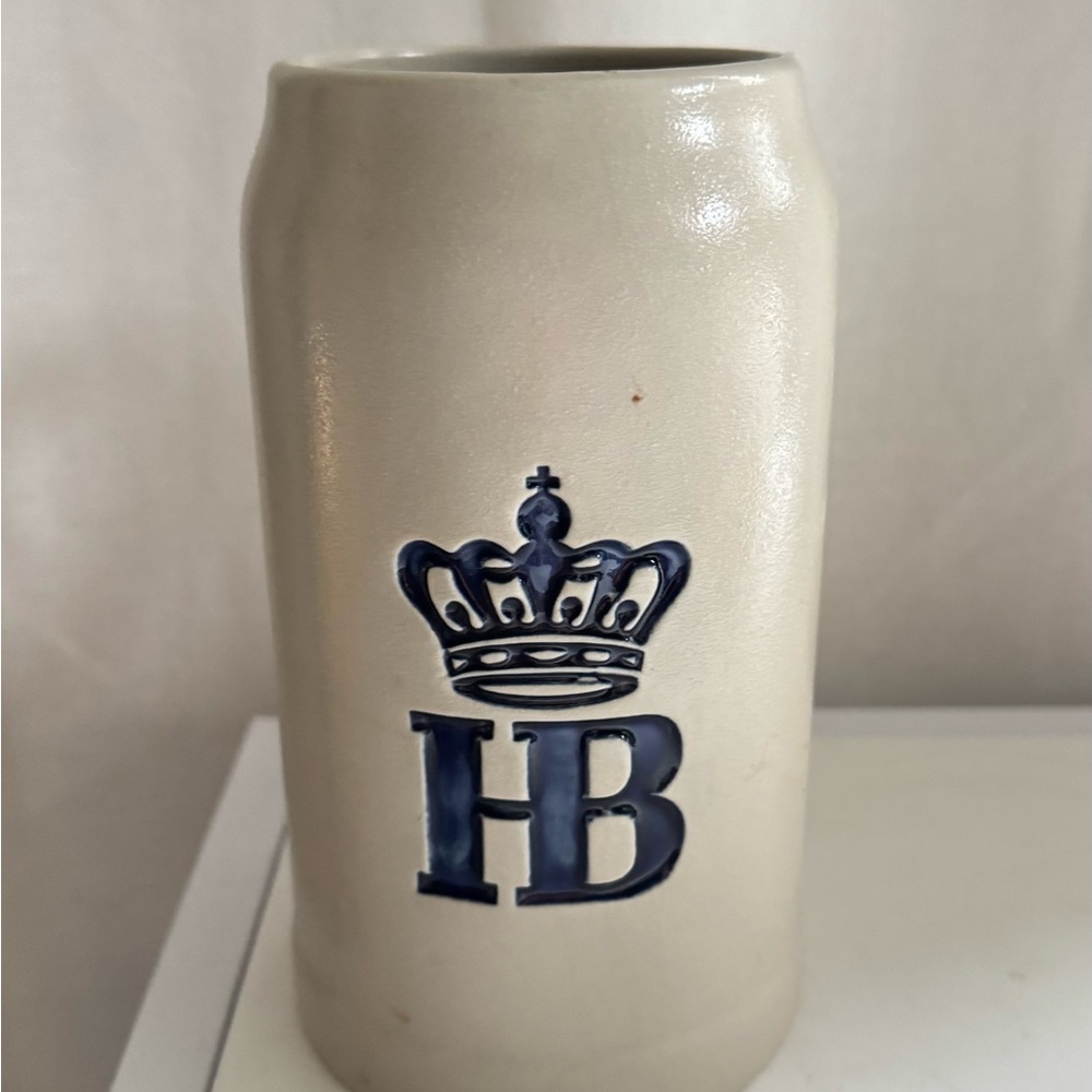 Crown and HB Hofbrau Munich salt-glazed Masskrug Beer Stein